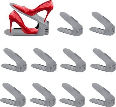 Froadp 10 stuks verstelbare schoenenrek set schoenenstapelaar schoenenhouder antislip schoenenorganizer 3 in hoogte verstelbaar, kunststof-grijs