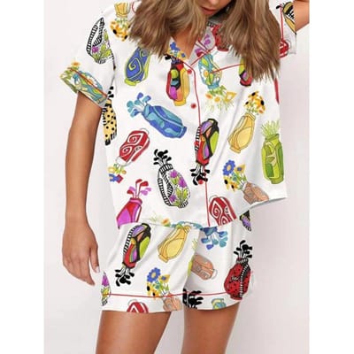 Tweedelige Dames Zomer Pyjama Set Cocktail Vlinderprint Korte Mouw Shirt met Shorts Nachtkleding Loungewear L