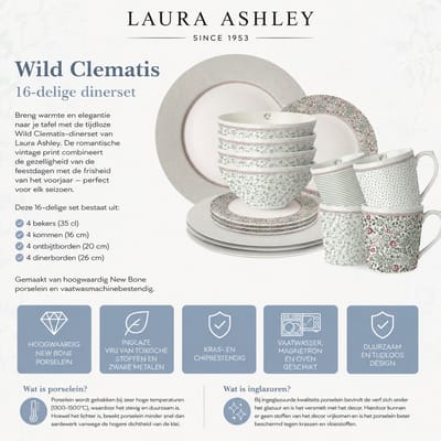 Laura Ashley Wildclematis Serviesset - Servies - Dinnerset Giftset 16 Delig
