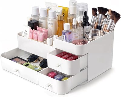 Ronte - Make-up organizer met grote display voor cosmetica, nagellak en huidverzorging - Meerdere compartimenten - 3 lades voor lippenstift, oogschaduw, kwasten en parfum.