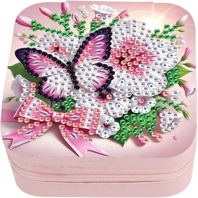 Sieradenopbergdoos met Diamant Schilderen voor Vrouwen - Kleine Opbergdoos voor Ringen, Oorbellen en Kettingen met Roze Vlinder Design