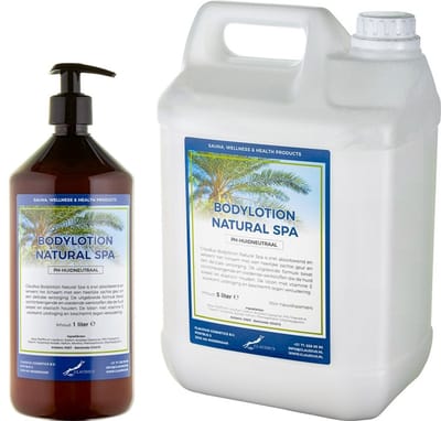 Bodylotion Natural Spa 1 liter met gratis pomp - hervulbaar + Jerrycan 5 liter navulling
