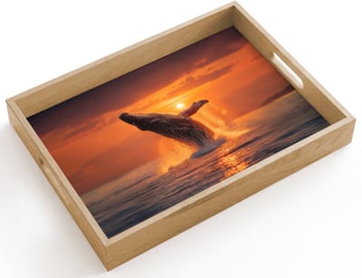 Dienblad hout 40x30 cm - Schootdienblad - Walvis - Zon - Zee - Borrelplank rechthoek - Plateau dienbladen