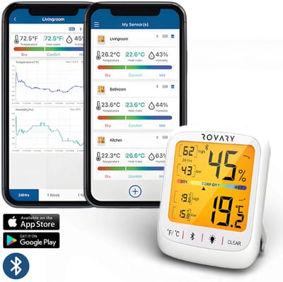 Rovary™ RH10 Binnenklimaat Meter met App- luchtvochtigheidsmeter - thermometer - thermometer voor binnen - hygrometer - Digitaal - Thermostaat - Lucht vochtigheidsmeter