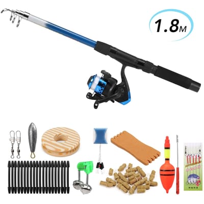 Hengel en Molen Combo Volledige Kit 1.8m Telescopische Hengel en Spinmolen Set met Aaswartels Dobber Onderlijnen Visaccessoires Blue Plastic Reel black