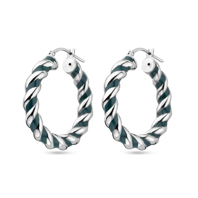 YO&NO Oorringen - gedraaid donkergroen emaille - Oorbellen dames - 31mm - Gerhodineerd Zilver 925 Merk: Yo&No