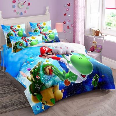 Cartoon SuperS M-Mario Beddengoed Set Spelpersonages Super Bros Dekbedovertrek Kinderdekbedovertrekken Kussensloop 2/3 Stuks Enkel Tweepersoons EU Single(135*200cm)3pcs
