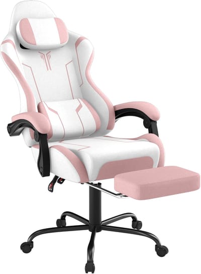 Ergonomische Gamingstoel, Comfortabele Game- of Racestoel met Massage en Voetensteun, Verstelbare Rugleuning, Hoofdsteun en Massage-lendenkussen, Roze, NAIZY