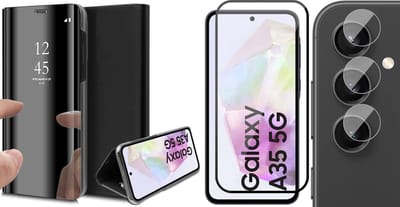Hoesje geschikt voor Samsung Galaxy A35 - Screenprotector Volledig Dekkend Glas & Camera - Spiegel Book Case Zwart