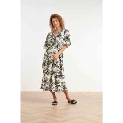 Smashed Lemon Zwart-witte jurk met tropische print en strikdetail |