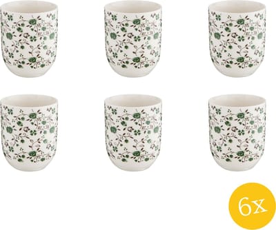 Clayre & Eef Mok set van 6 stuks 100 ml Wit Groen Porselein Rond Bloemen Theemok