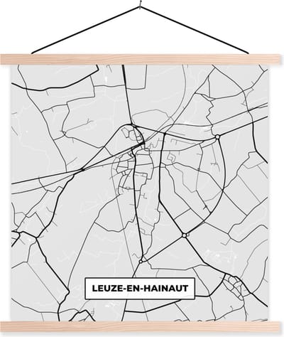 Posterhanger incl. Poster 40x40 cm - Schoolplaat - België – Leuze en Hainaut – Stadskaart – Kaart – Zwart Wit – Plattegrond - Textielposter - Blanke latten - Stadskaart