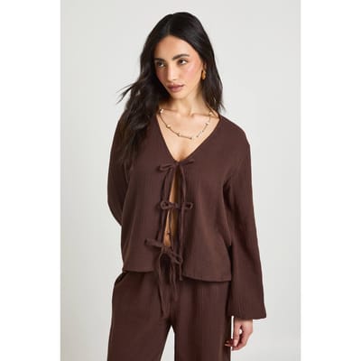 boohoo Dames Katoenen Gaas Top Met Strikjes Vooraan | Chocoladebruin | Maat: 34