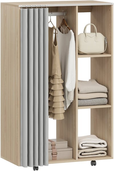 HOMCOM Kledingrek op wielen - Spaanplaat - 80x40x128cm - Natuurlijk hout