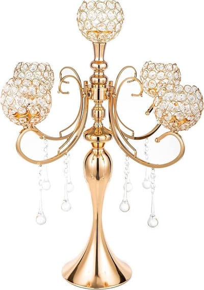 Luxe 5-armige Gouden Kandelaar met Kristallen voor Tafeldecoratie en Evenementen