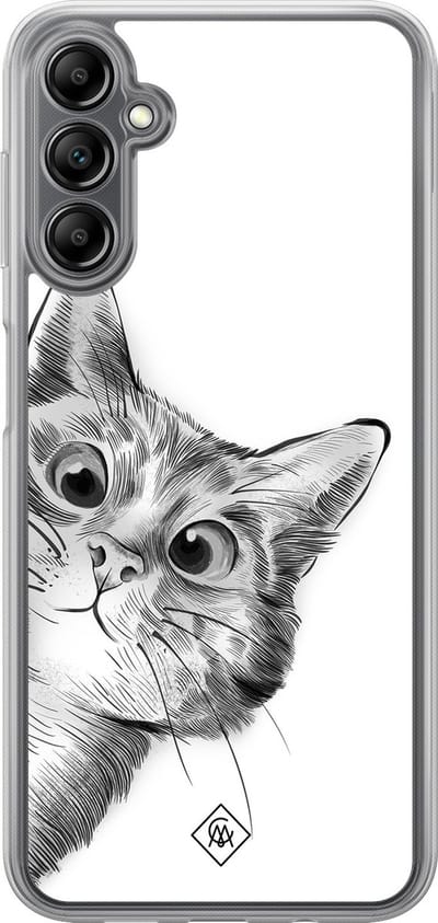 Casimoda® hoesje - Geschikt voor Samsung Galaxy A14 5G - Kat Kiekeboe - 2-in-1 case - Schokbestendig - Illustratie - Verhoogde randen - Wit, Transparant