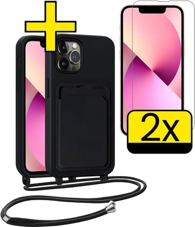 Hoesje Geschikt voor iPhone 13 Pro Telefoonhoesje Met Koord Case Pashouder Met 2x Screenprotector Siliconen - Hoes Geschikt voor iPhone 13 Pro Hoesje Met Kaarthouder - Zwart