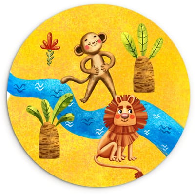 WallCircle® Wandcirkel 150x150 cm - Muurcirkel Aap - Leeuw - Jungle - Rivier - Muurdecoratie woonkamer - Wanddecoratie slaapkamer - Kamer decoratie accessoires - Ronde schilderijen