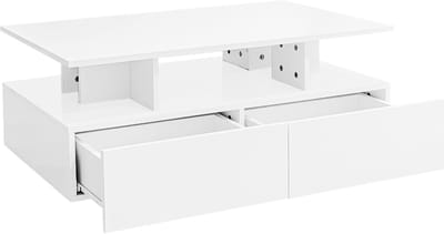 REDOM Hoogglans salontafel 90×55×41 cm met geïntegreerde LED en 2 lades – wit, onderhoudsarm, draagvermogen 30 kg