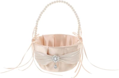 Bruidsbloemenmandje - Decoratie mandje - Bruiloft decoreren - Parel en kristal versierd - 21 cm - Beige