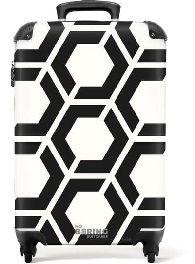 NoBoringSuitcases.com - Koffer - Zwart-wit honingraatpatroon met scherpe hoeken - Past binnen 55x40x20 cm en 55x35x25 cm - Trolley handbagage - Valiezen met wieltjes volwassenen - Reiskoffer op wielen - Rolkoffer lichtgewicht