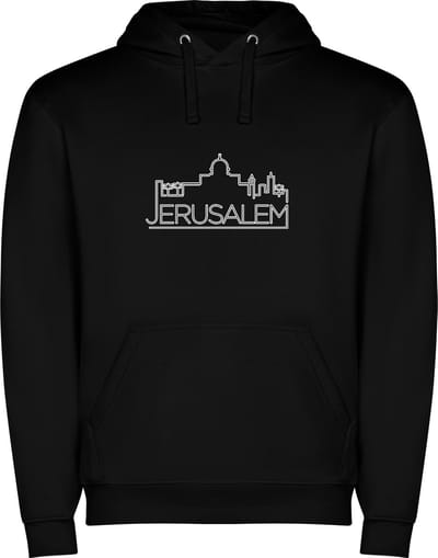 Zwarte unisex hoodie met “ Skyline Jerusalem – Vakantiegevoel – Strak – Modern “ Print Full Color Color merk Roly maat S