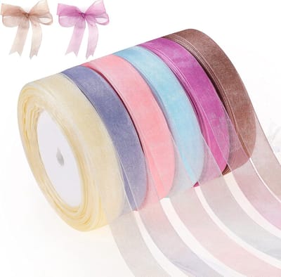 6 rollen organza chiffon lint 2,5 cm satijn wikkellint voor geschenkverpakking, decoratie en verjaardagsfeestdecoratie