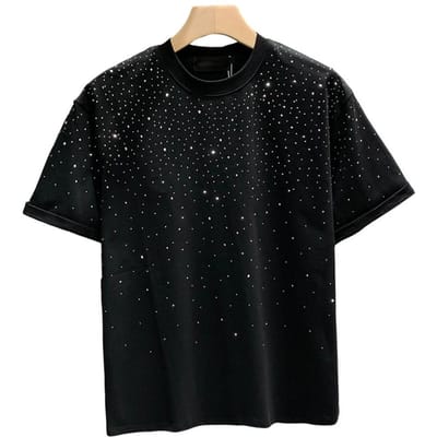 Zomer Heren T-shirt Strass Decor Ronde Hals Losse Pure Kleur Korte Mouwen Trui Casual Mid Lengte Dagelijkse Draag Sport Top M zwart