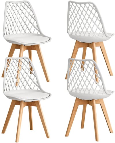 NaevaMi Eetkamerstoelen - Eetkamerstoelen Set van 4 - Eetkamerstoelen met Houten Poten - Modern en Minimalistisch - Pu Gewatteerde Zitting - Beukenhout Benen - Nordic Stoel Voor Keuken Woonkamer/Eetkamer - Wit