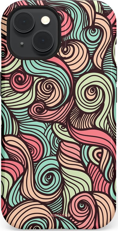 Casetastic hoesje geschikt voor Apple iPhone 15 - MagSafe - Dubbellaagse bescherming - Pastel Swirl Vibes - Fashion Case - Taupe Donkergrijs Saliegroen Grijs