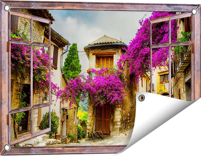 Gards Tuinposter Doorkijk Frans Dorpje - 60x40 cm - Tuindoek - Tuindecoratie - Wanddecoratie buiten - Tuinschilderij