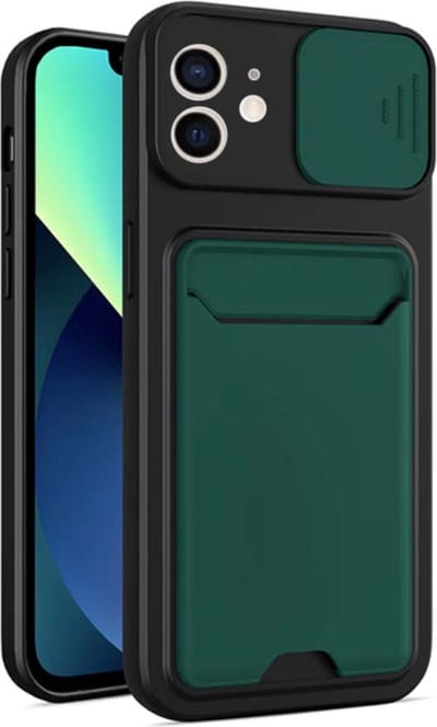 Smartphonica iPhone 12 TPU Cover Case Hoesje met Camera Slide en Pashouder - Groen geschikt voor iPhone 12