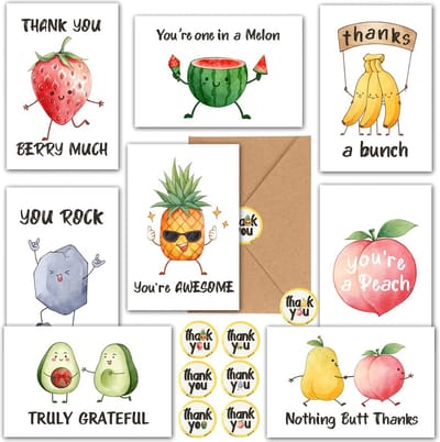 40 grappige bedankkaarten met enveloppen en stickers, 10 x 15 cm, woordspelingen en creatieve designs, blanco binnenkant, ideaal voor leraren, werknemers, vrienden en zakelijke relaties