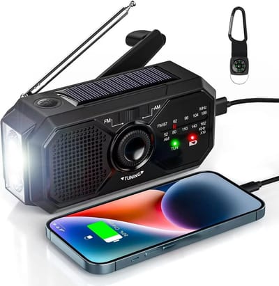 Noodradio - Draagbare Radio - Opwindbaar - Noodpakket - Op Zonne-Energie - Solar - Met Zaklamp - Telefoon Oplader - Zwart