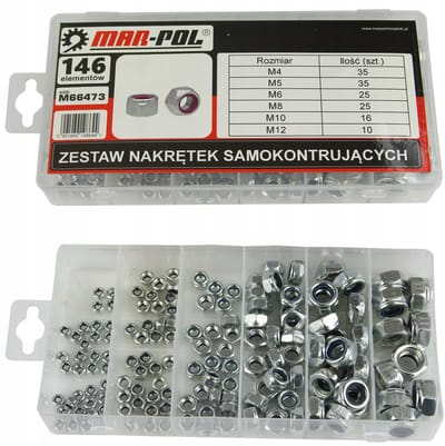 Mar-Pol Serie - Zelfborgende Moeren Set - 146 stuks - Nylon Inzet - In Metalen Doos