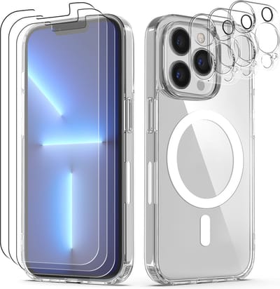 Podec Magsafe Hoesje Geschikt voor iPhone 13 Pro Max - Met 3x Screenprotector + 3x Cameraprotector - Magnetisch met Ring Doorzichtig - Telefoonhoesje Transparant Case
