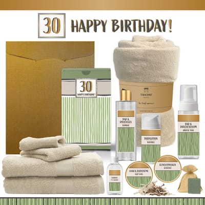 Geschenkset “30 Happy Birthday!” - 12 producten - 1910 gram | Giftset voor haar hem Dertig jaar Cadeau Luxe Wellness Pakket Vrouw Man Speciaal Cadeaupakket Geschenk Doos Douche Verjaardag Feestje Gift Set Handdoeken Fleecedeken Groen Beige Goud