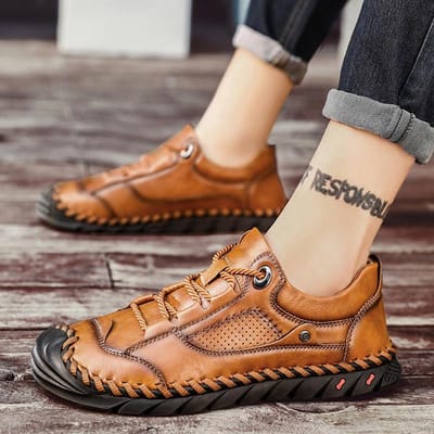 Heren Ademende Schoenen Echt Leer Lente Britse Trend Retro Mode Zacht Oppervlak Zachte Zool Handgemaakt plus Maat Casual Leren Schoenen 46 bruin