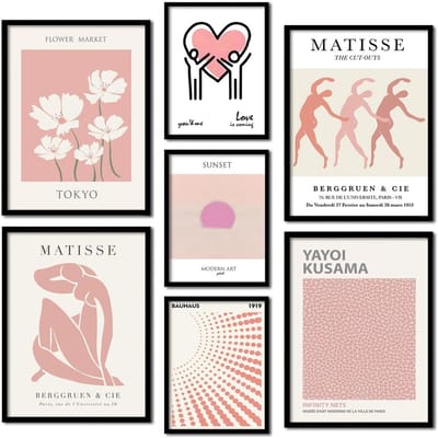 Poster Set - Wanddecoratie Prints - Woonkamer Slaapkamer - 7 Delig Ingelijst - 100x100cm - Abstract Roze