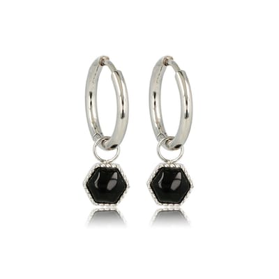 My Bendel - Oorbellen Zilverkleurig Zeshoek met Onyx Edelsteen - met Luxe Cadeauverpakking | Sieraden Voor Dames