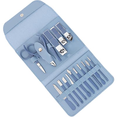 Set Manucure 16 pièces en Acier au Carbone Coupe-Ongles Professionnels Ciseaux à Sourcils Pinces à Cuticules bleu ciel