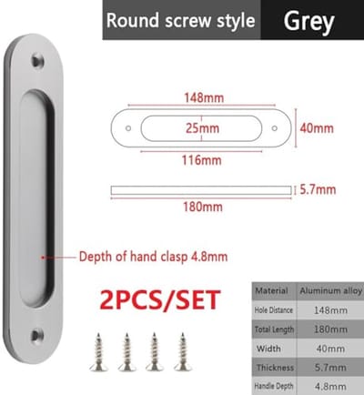 Verzonken Schuifdeurtrek 2 Stuks Ovaal Mat Grijs - 180 x 40 mm Aluminium Handvat voor Schuifdeuren, Kasten en Ramen