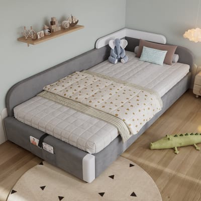 MODFU Kinderbed 90x200 cm – Grijs fluweel – Hydraulische opbergruimte – Zachte verhoogde bedrand – Opbergvak aan voeteneinde