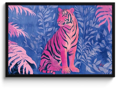 Poster in lijst - Fotolijst 90x60 cm - Posters - Tijger - Roze - Bladeren - Jungle - Posterlijst zwart - Decoratie - Wanddecoratie woonkamer - Muurdecoratie slaapkamer