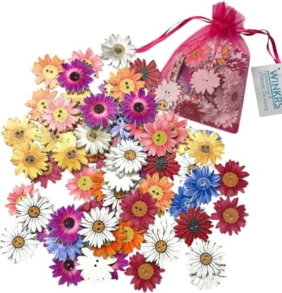 50 Houten knopen in bloemvorm - 25mm - DIY - Chrysanten in diverse kleuren - Bloemen decoratie knoop
