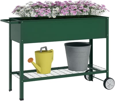 1 stuk - verhoogde bloemenbodem - plantdoos - 1 laag plank - 2 wielen - 109 cm x 44 cm x 80 cm - groen