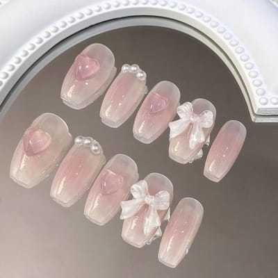 Leuke roze zoete verwijderbare handgemaakte slijtage Nail Art meisjes korte nepnagels Blush strik nagelpatch L