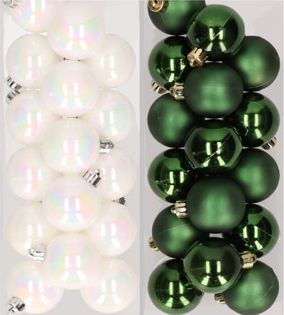 32x stuks kunststof kerstballen mix van parelmoer wit en donkergroen 4 cm - Kerstversiering
