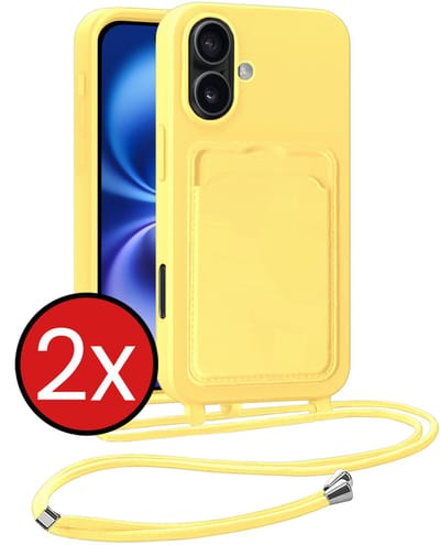 Hoesje Geschikt voor iPhone 16 Plus Hoesje Met Telefoonkoord en Pasjeshouder Siliconen - Hoes Geschikt voor iPhone 16 Plus Hoesje Met Kaarthouder Case - Geel - 2 PACK