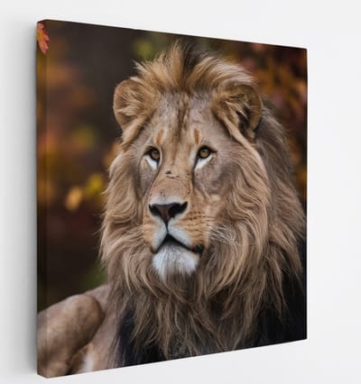 Saammp Canvas Schilderij - Leeuw tussen de herfst bladeren - Dieren - Natuur - 20x20 - Foto op canvas - Wanddecoratie - Muurdecoratie Woonkamer - Slaapkamer decoratie - Canvas Print